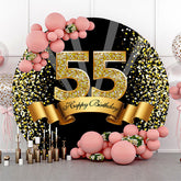 Lofaris Black Gold Happy 55th Birthday Glitter Ribbon Round Backdrops